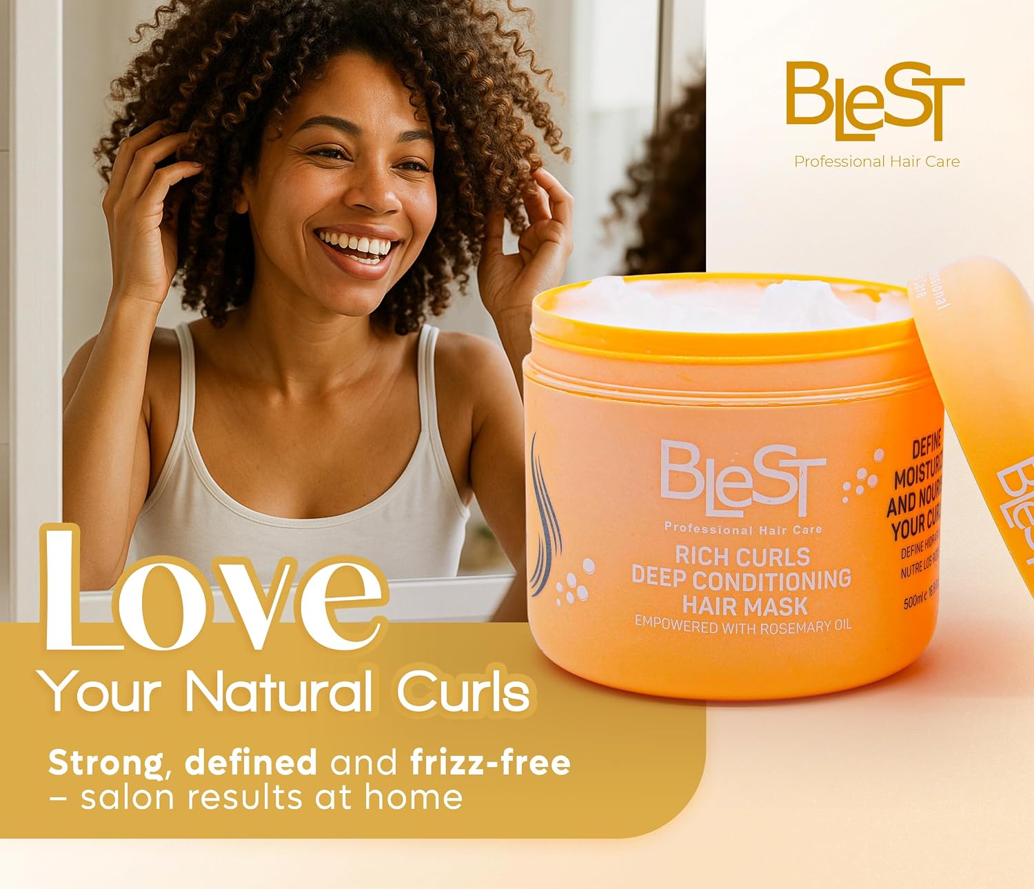 Blest Professional Hair Care - Rich Curls Deep Conditioning Hair Mask – Vegan Hair Mask for Dry, Damaged & Frizzy Hair with Rosemary Oil, Deep Repair & Moisturizing Treatment, 500 ml