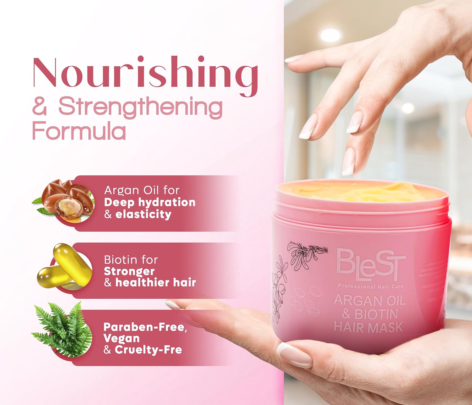 Blest Professional Hair Care - Argan Oil & Biotin Hair Mask – Deep Conditioning Treatment for Dry, Damaged & Frizzy Hair, Strength, Shine & Smoothness, Vegan, 500 ml