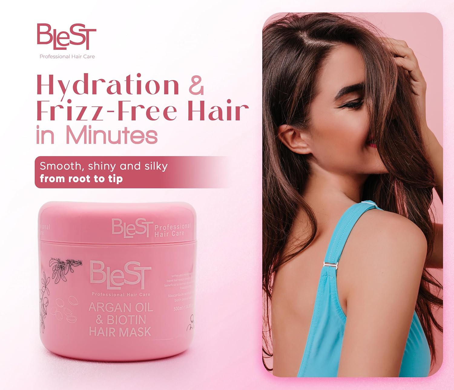 Blest Professional Hair Care - Argan Oil & Biotin Hair Mask – Deep Conditioning Treatment for Dry, Damaged & Frizzy Hair, Strength, Shine & Smoothness, Vegan, 500 ml
