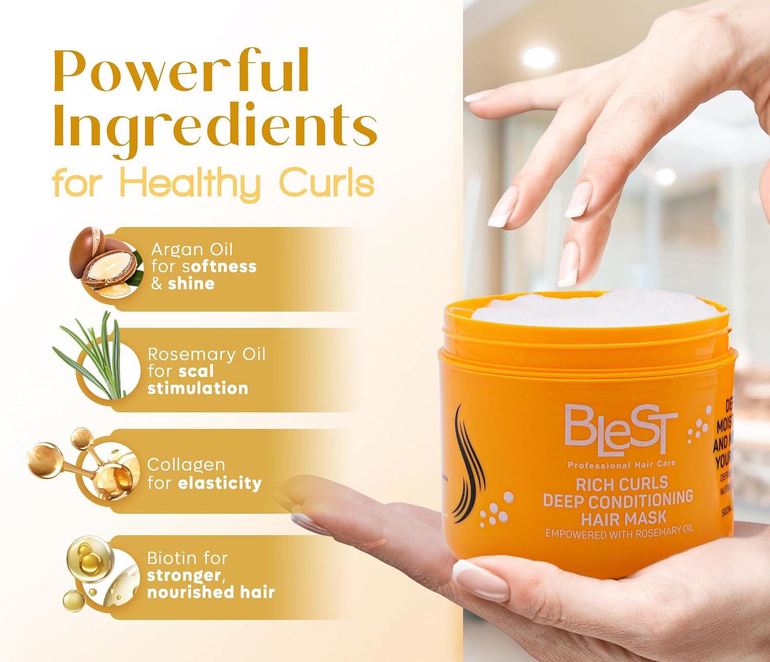 Blest Professional Hair Care - Rich Curls Deep Conditioning Hair Mask – Vegan Hair Mask for Dry, Damaged & Frizzy Hair with Rosemary Oil, Deep Repair & Moisturizing Treatment, 500 ml