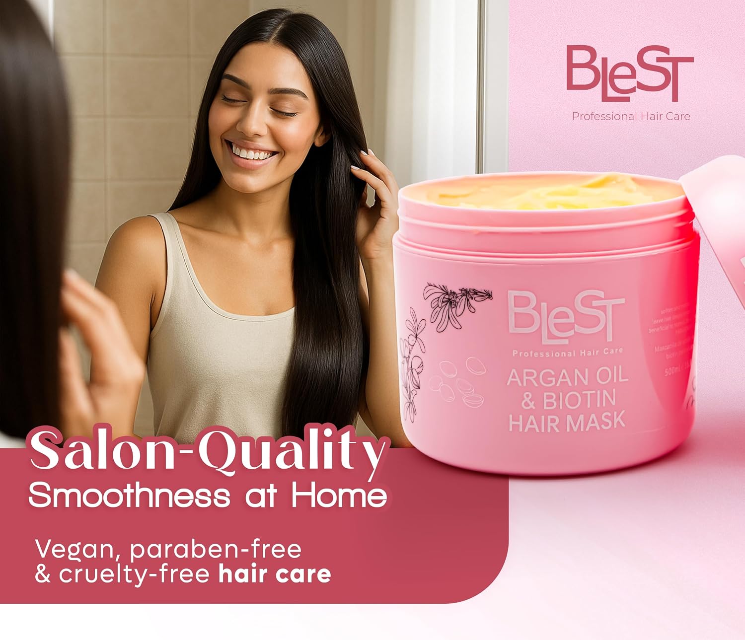 Blest Professional Hair Care - Argan Oil & Biotin Hair Mask – Deep Conditioning Treatment for Dry, Damaged & Frizzy Hair, Strength, Shine & Smoothness, Vegan, 500 ml