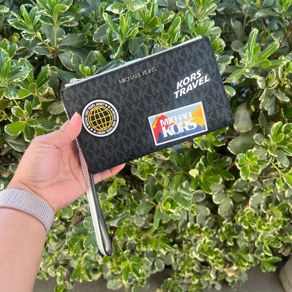 Michael Kors Jet Set Travel Large Double Zip Embellished Signature Logo Wristlet