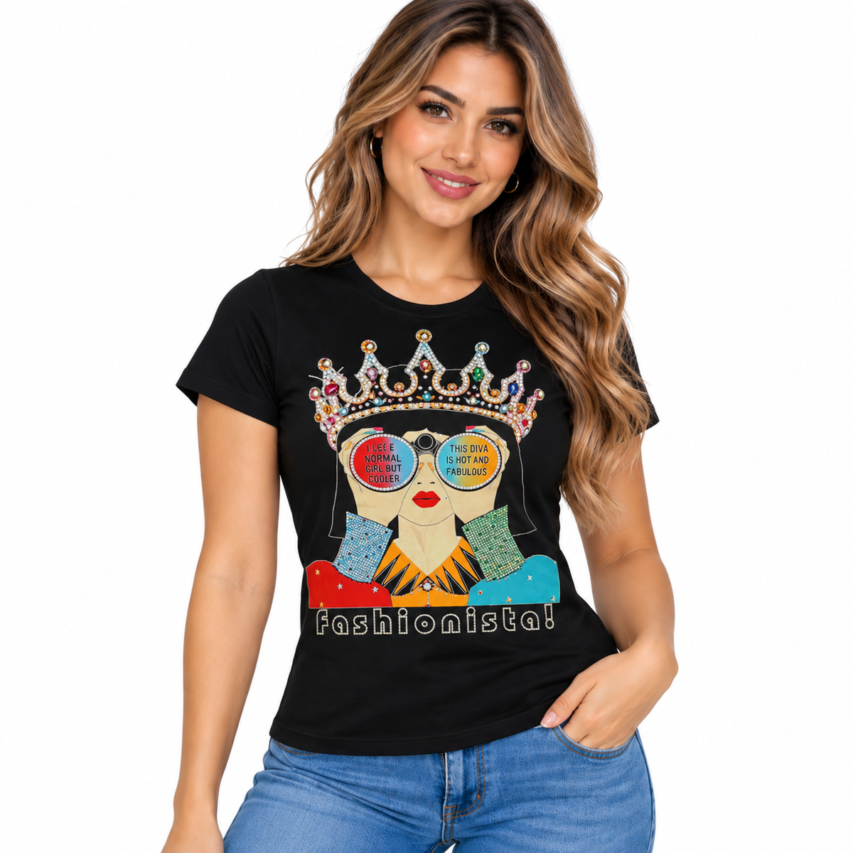 Vinizbena Fashionista Rhinestone T-Shirt – Women’s Graphic Top