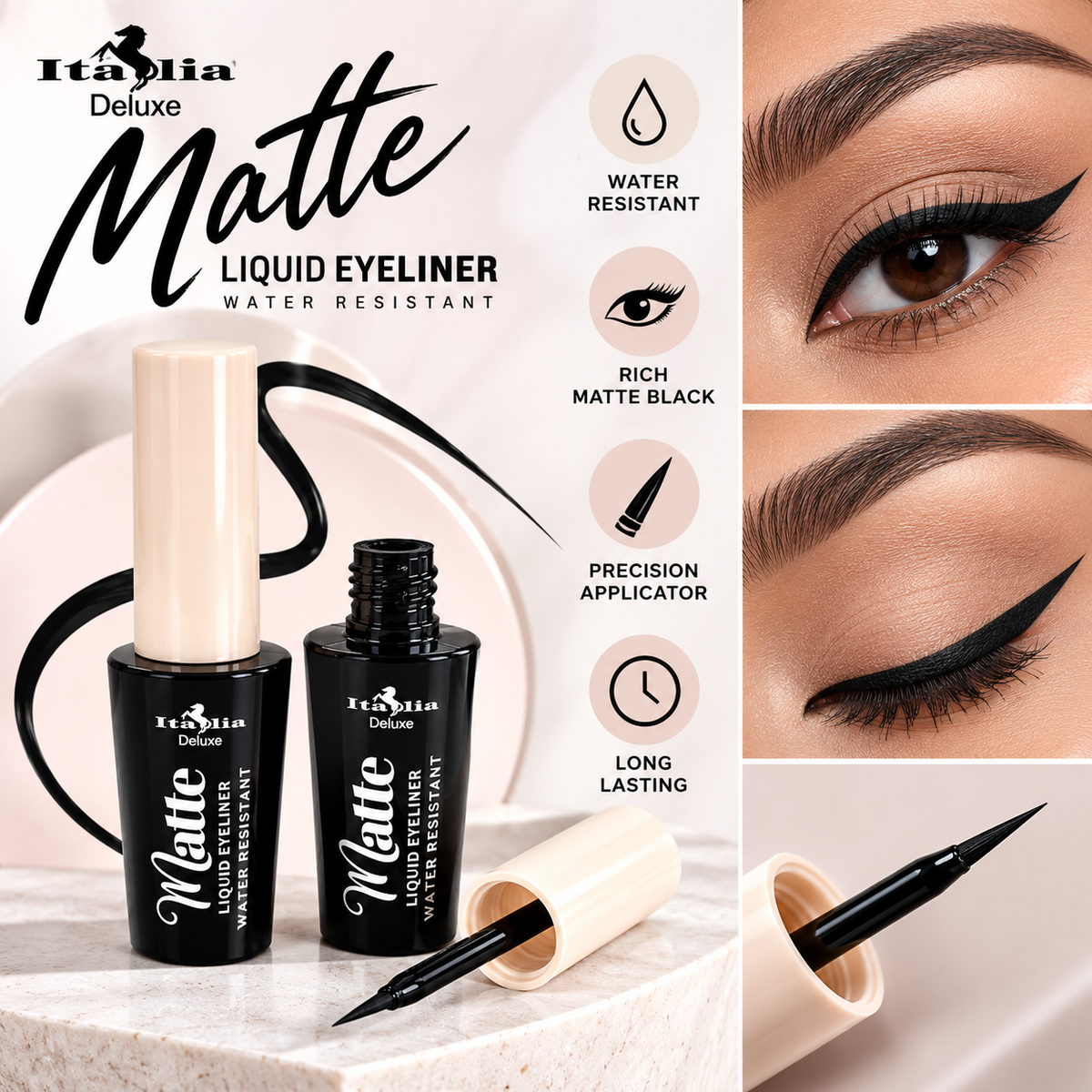 Italia Deluxe Matte Black Liquid Eyeliner 2 Pack – Water Resistant Eye Liner