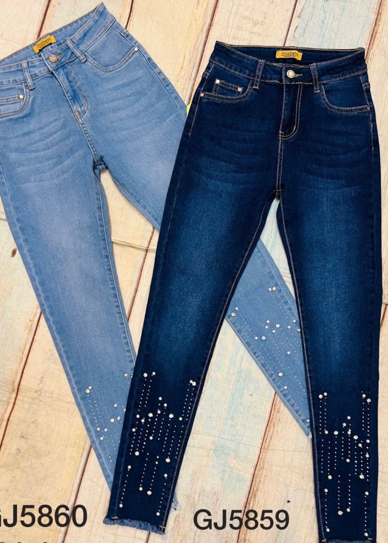 GJ5859-69 Rhinestones High Waist Vinizbena Jeans