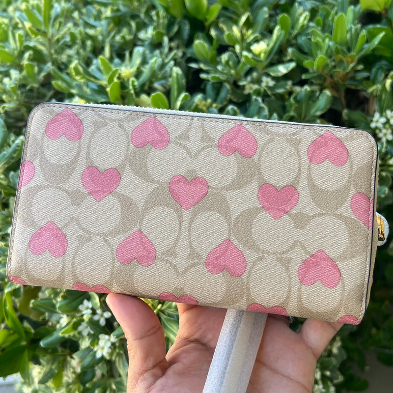 Long Zip Around Wallet In Signature Canvas With Heart Print
