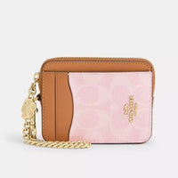 Coach Zip Card Case In Signature Canvas With Charm Powder Pink New