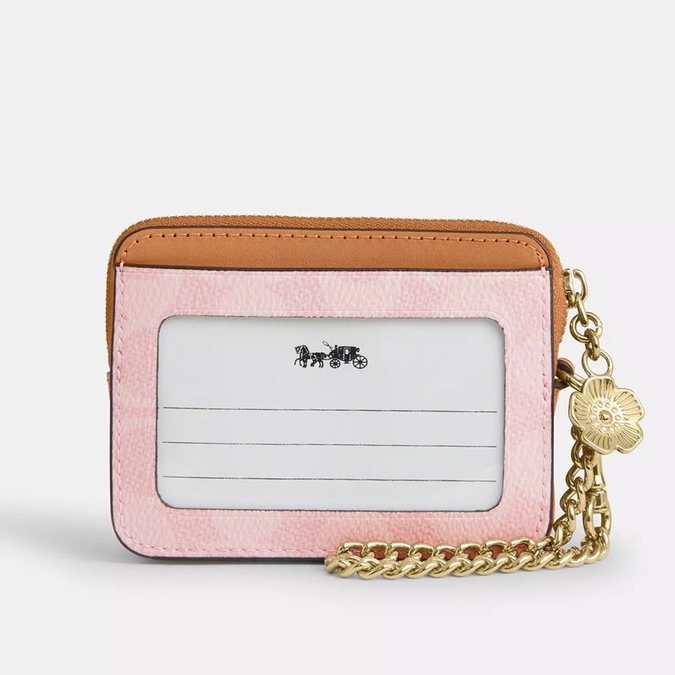 Coach Zip Card Case In Signature Canvas With Charm Powder Pink New