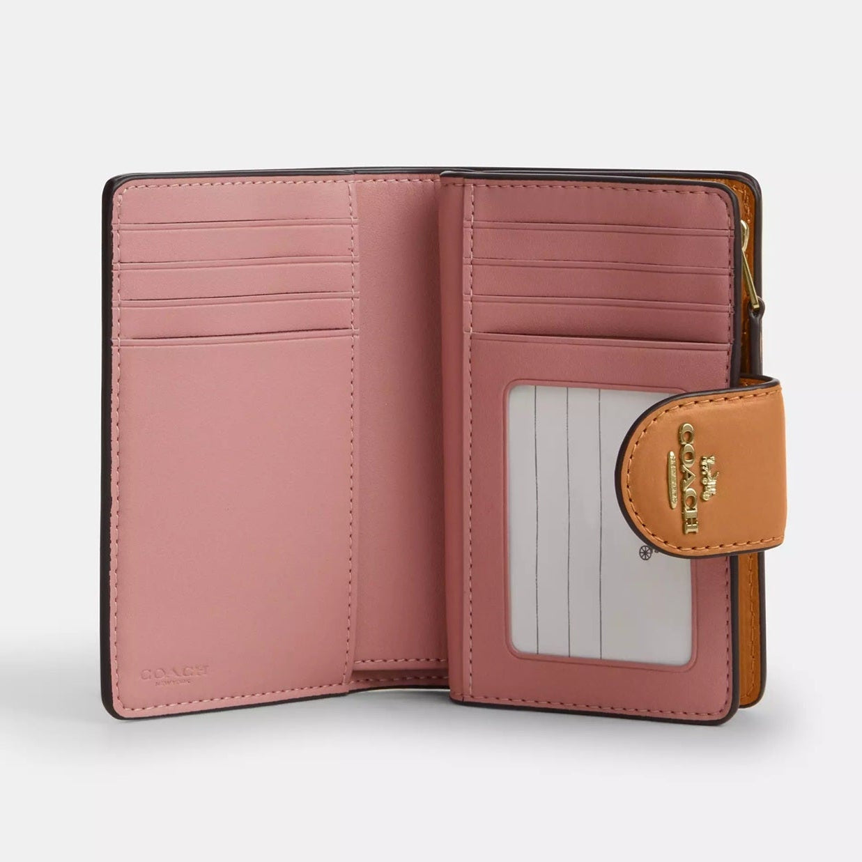 Coach Medium Corner Zip Wallet In Signature Canvas Gold/Powder Pink New