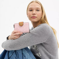 Coach Medium Corner Zip Wallet In Signature Canvas Gold/Powder Pink New