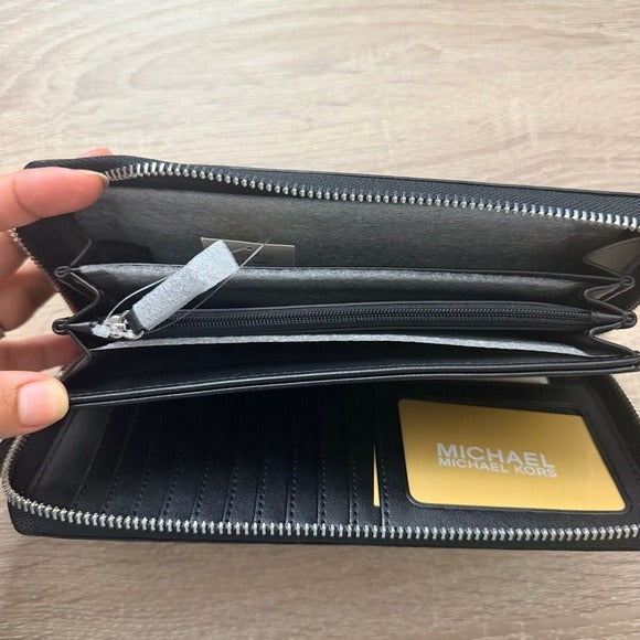 Michael Kors Jet Set Travel Continental Leather Wristlet -Black Signature/Silver