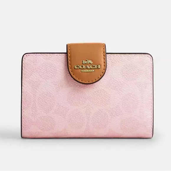 Coach Medium Corner Zip Wallet In Signature Canvas Gold/Powder Pink New