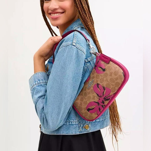 Coach Teri Shoulder Bag In Signature Canvas With Bow Print Nwt