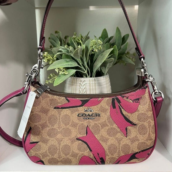 Coach Teri Shoulder Bag In Signature Canvas With Bow Print Nwt