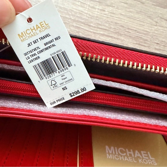 Michael Kors Jet Set Travel large leather continental wallet/Wristlet Bright Red