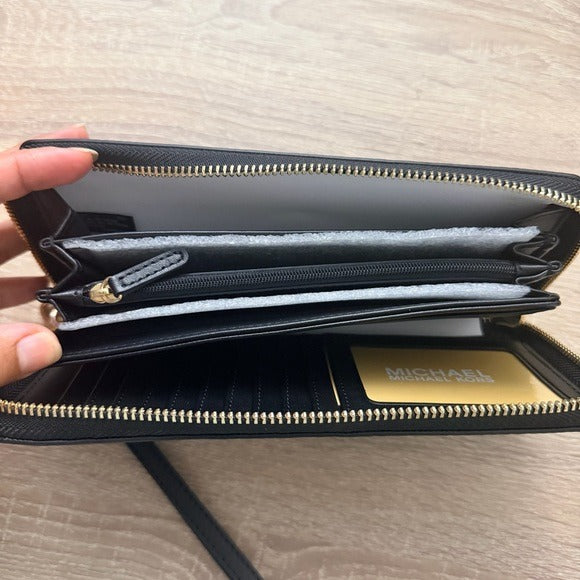 Michael Kors Jet Set Travel Continental Leather Wristlet Wallet Black Gold