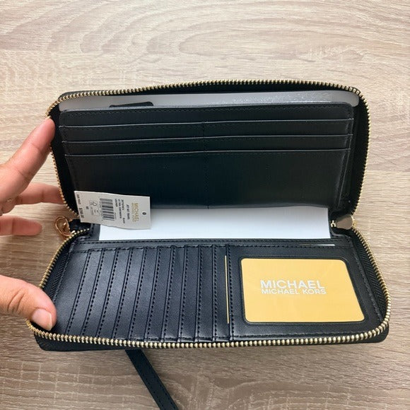 Michael Kors Jet Set Travel Continental Leather Wristlet Wallet Black Gold