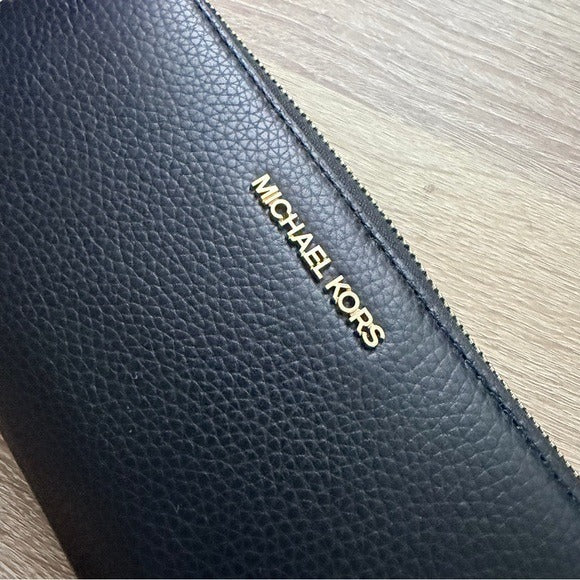 Michael Kors Jet Set Travel Continental Leather Wristlet Wallet Black Gold