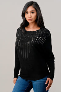 Sweater long sleeve top with faux pearl trim - Black