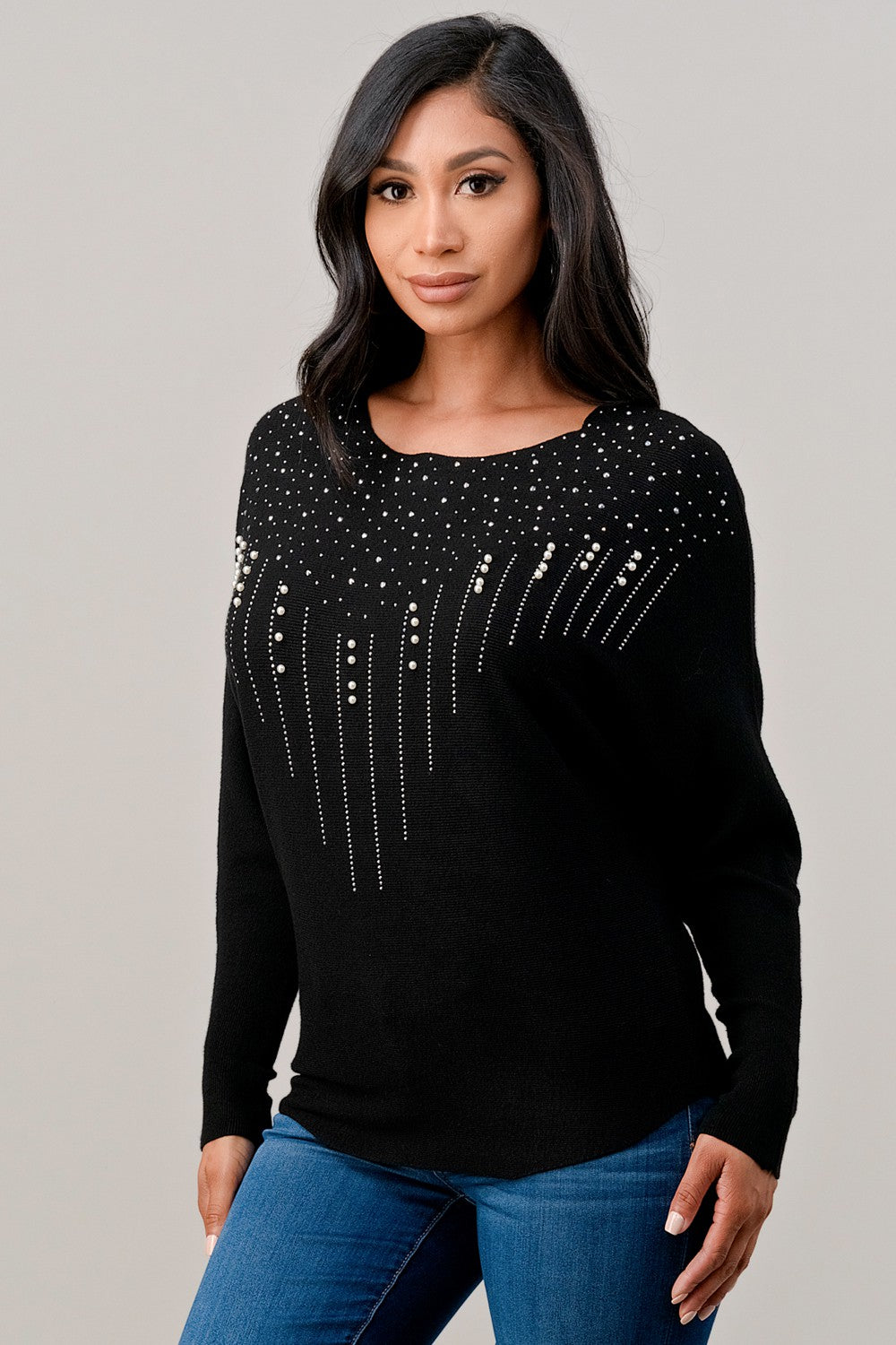 Sweater long sleeve top with faux pearl trim - Black