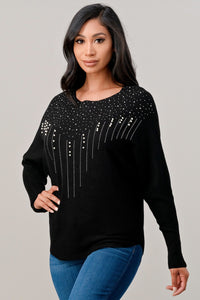 Sweater long sleeve top with faux pearl trim - Black