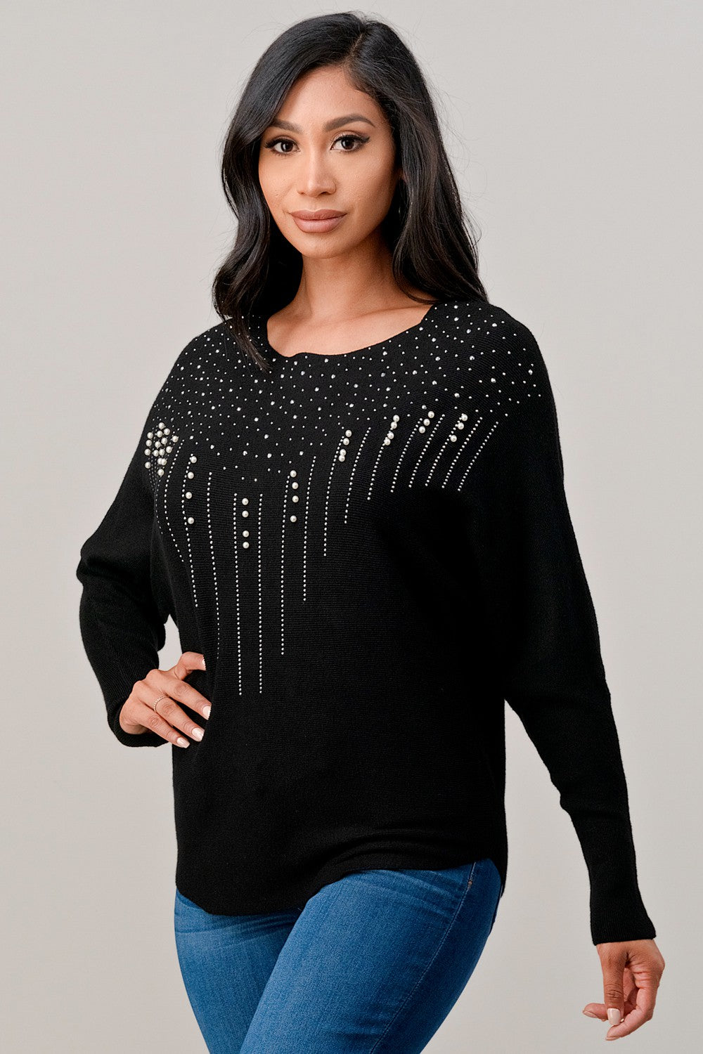 Sweater long sleeve top with faux pearl trim - Black