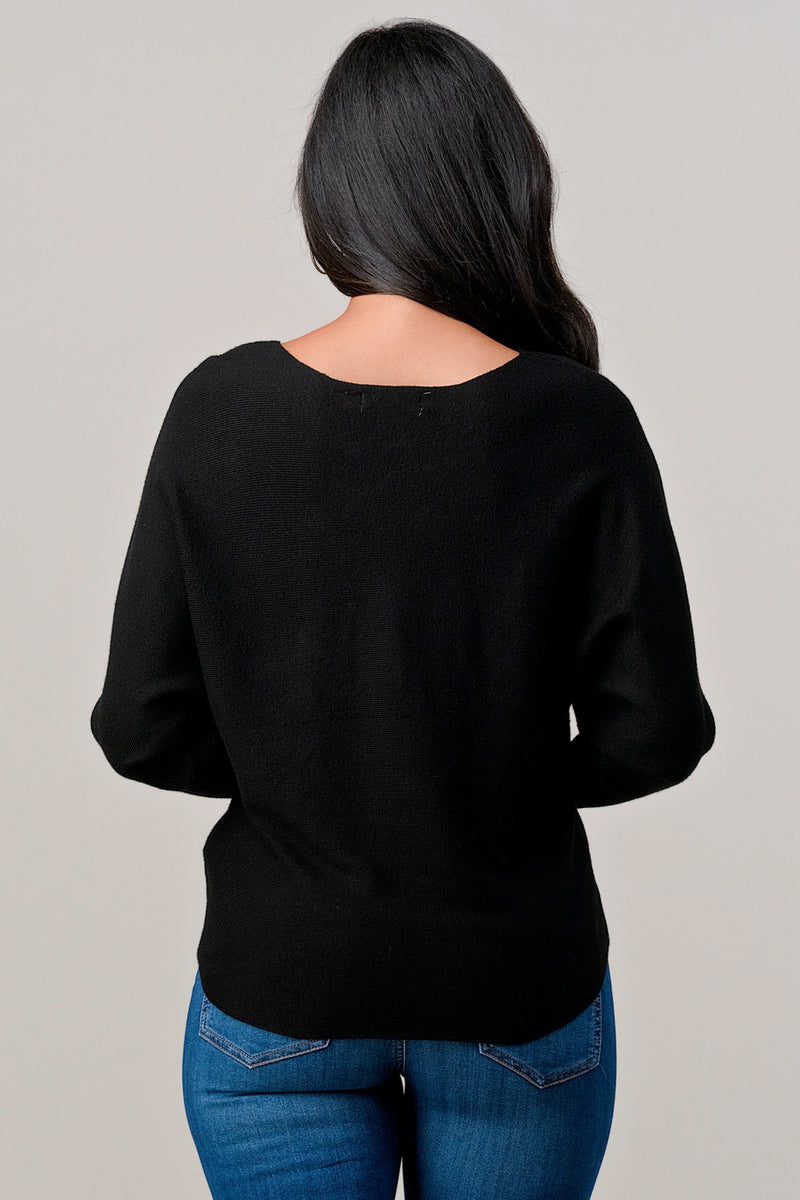 Sweater long sleeve top with faux pearl trim - Black