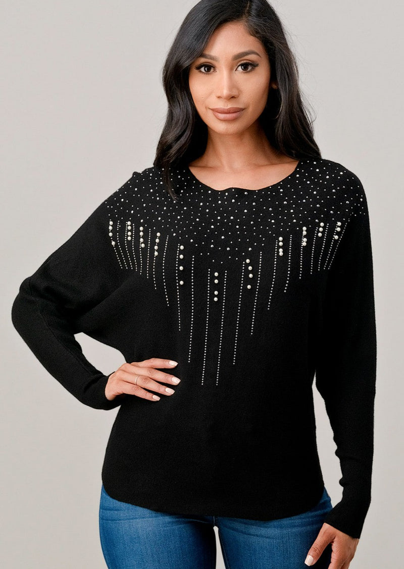Sweater long sleeve top with faux pearl trim - Black