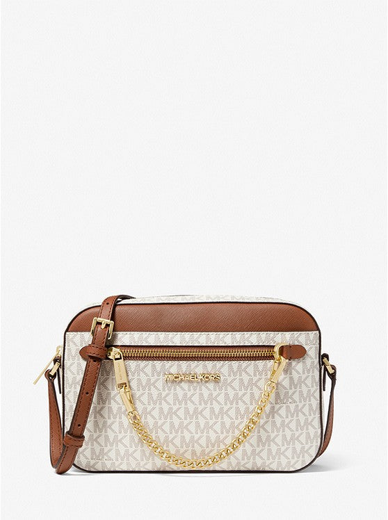 Michael Kors Brown/White Signature Coated Canvas and Leather Jet Crossbody  Bag Michael Kors