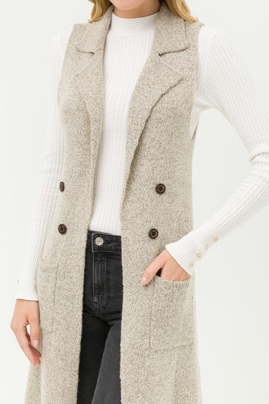 Sleeveless Long Cardigan Vest - Oatmeal