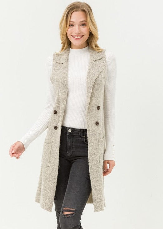 Sleeveless Long Cardigan Vest - Oatmeal