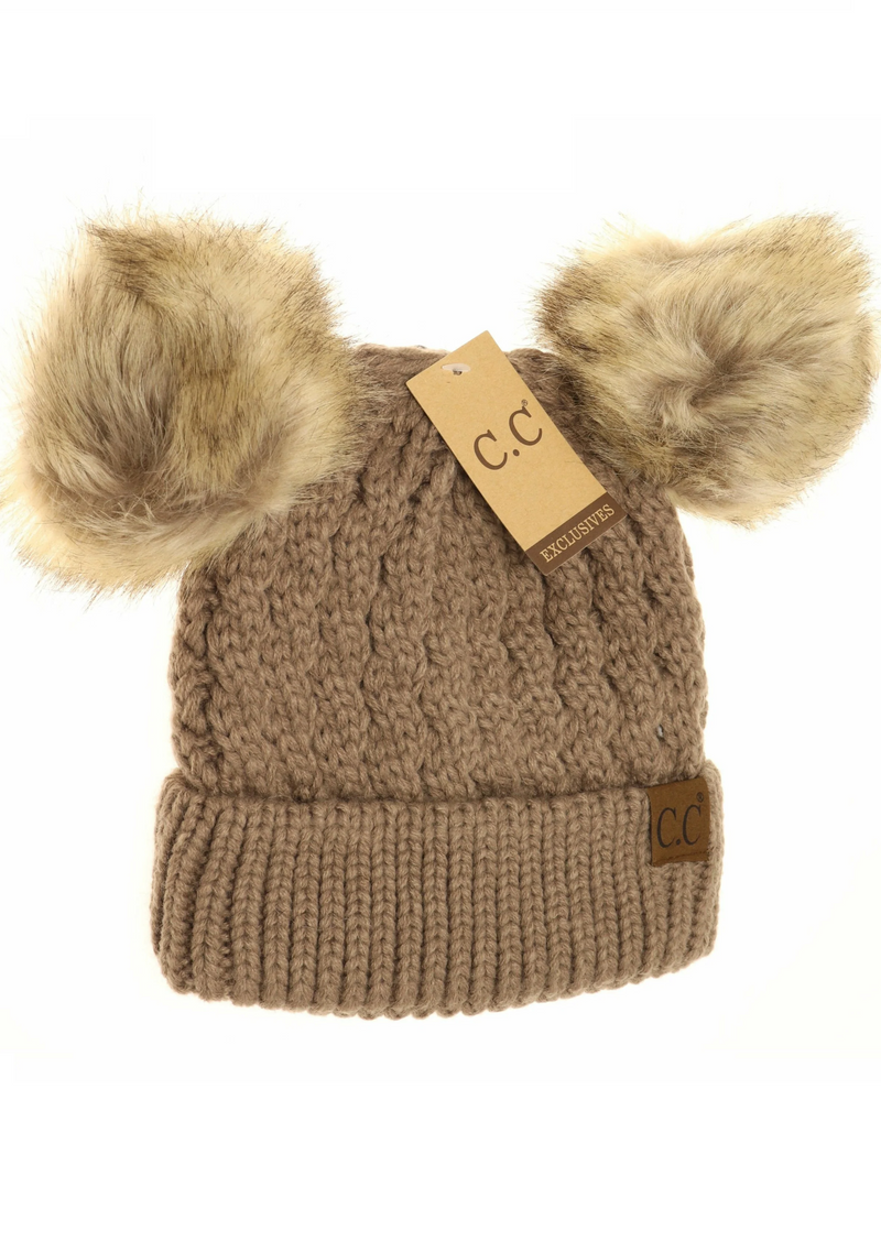 Taupe Cable Knit Double Pom Beanie - CC Beanie HAT2055