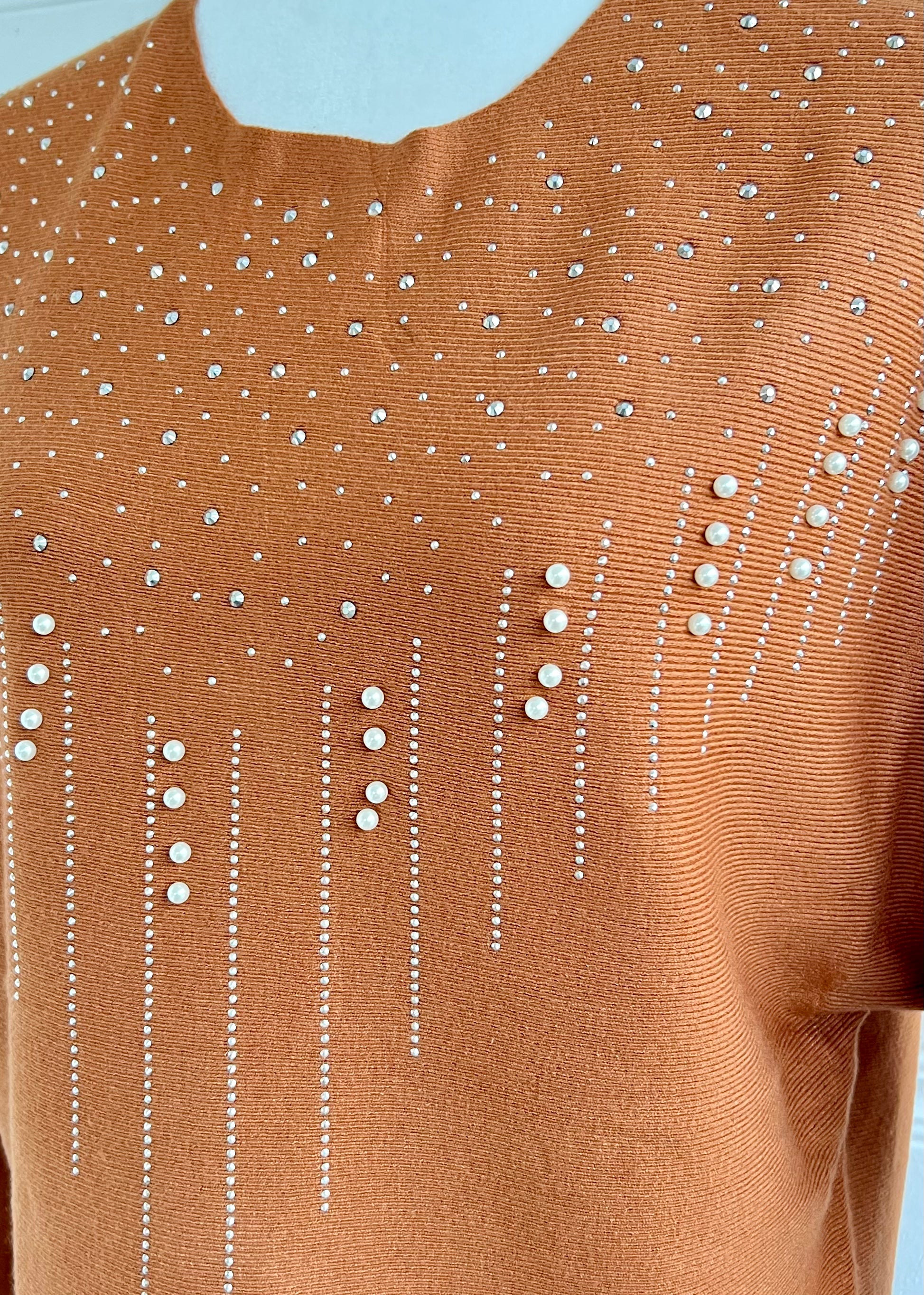 Sweater long sleeve top with faux pearl trim - Rust