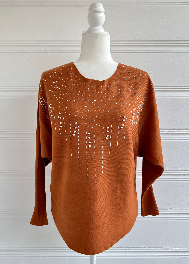Sweater long sleeve top with faux pearl trim - Rust