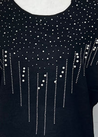 Sweater long sleeve top with faux pearl trim - Black