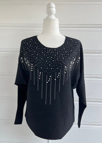 Sweater long sleeve top with faux pearl trim - Black