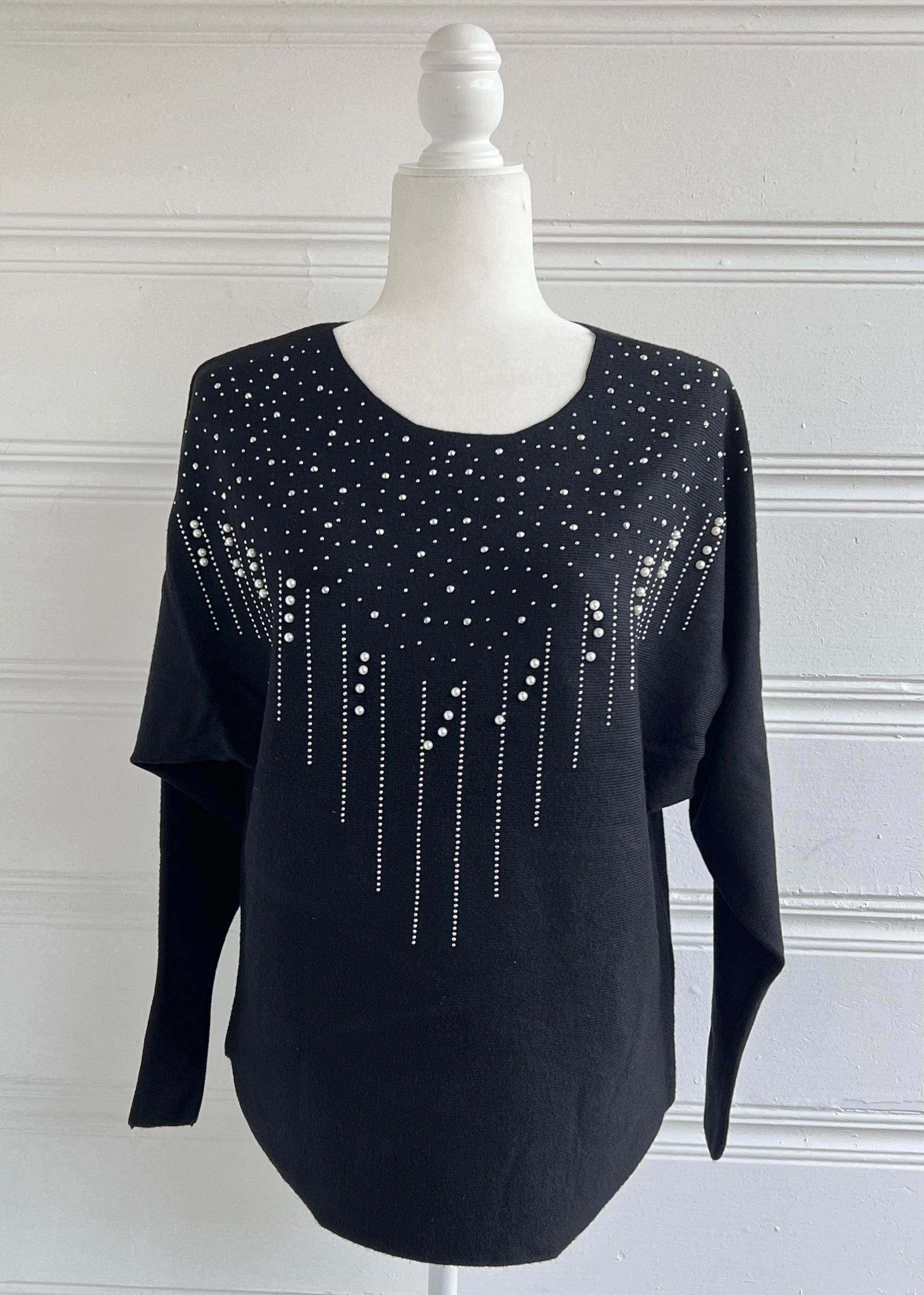 Sweater long sleeve top with faux pearl trim - Black